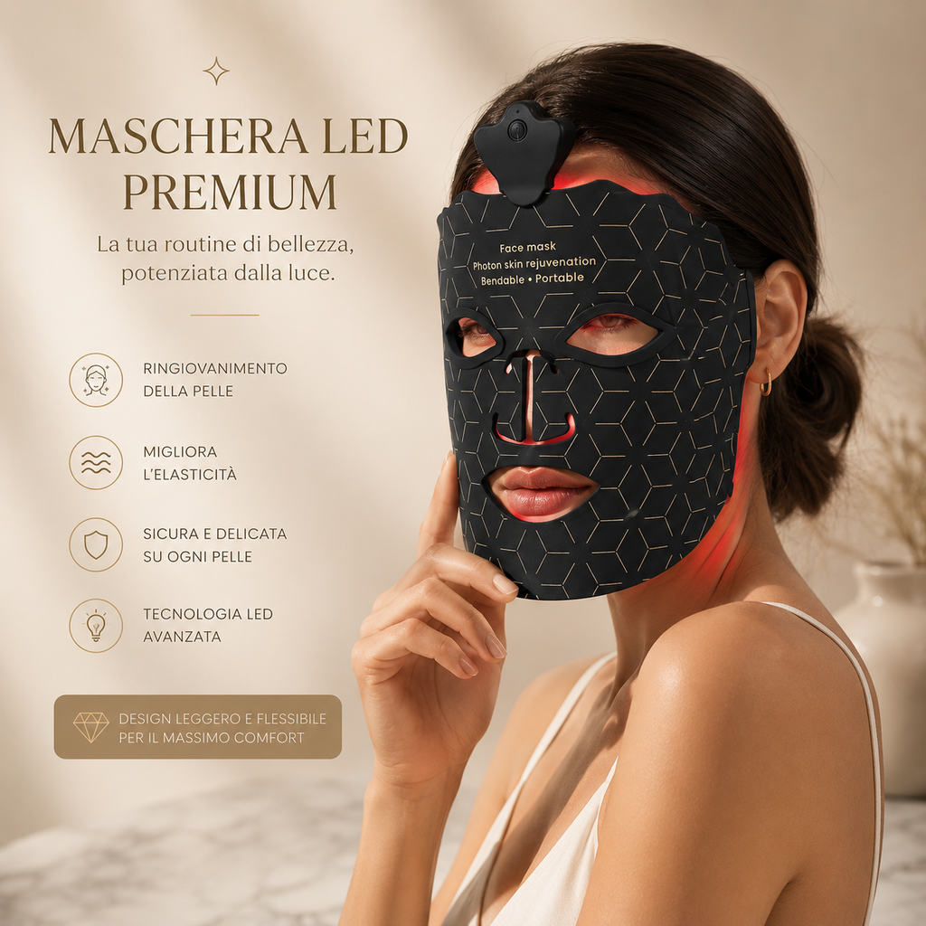 Maschera LED viso AURYA indossata durante il rituale serale
