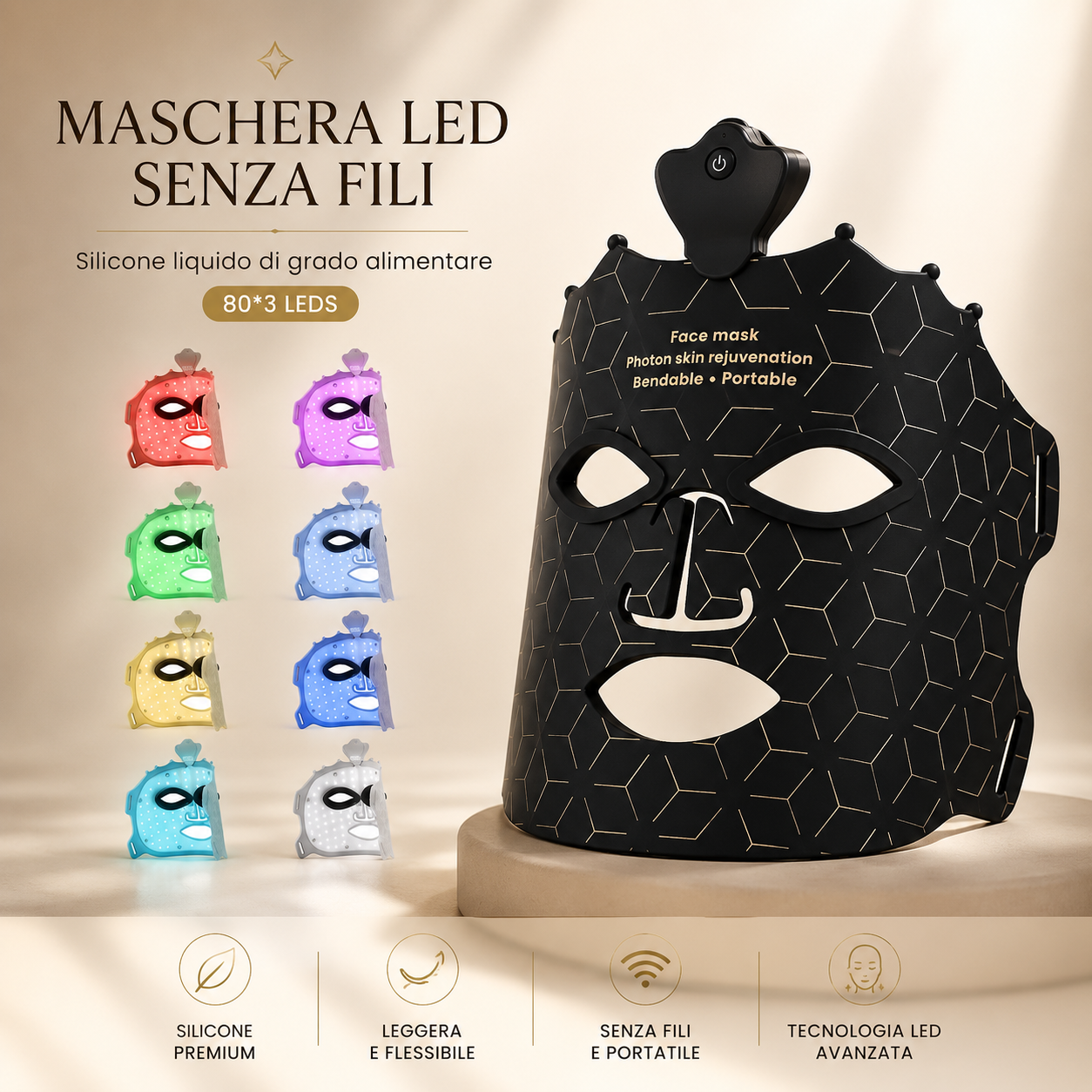 Maschera LED AURYA senza fili in silicone a 7 colori